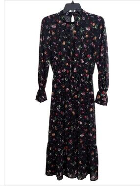 Banana Republic Sheer Black Floral Long-Sleeve Maxi Dress With Waist Tie Size 2